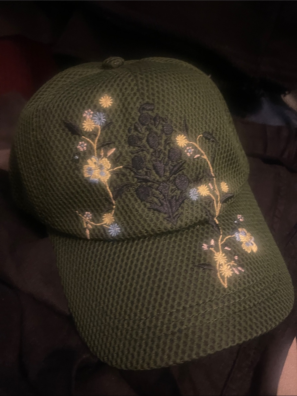 Free People Olive Green Mesh Cap with Blue and Cream Floral Embroidery New w tag